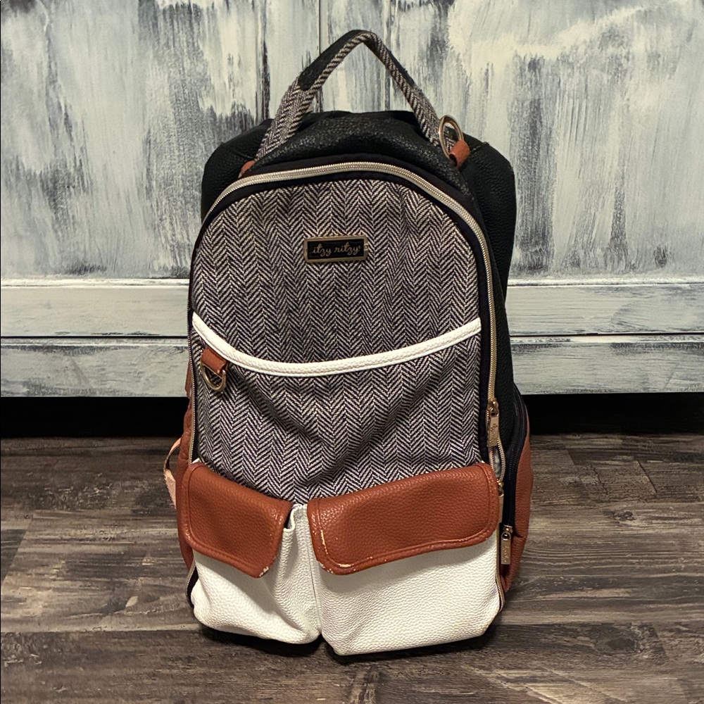 Itzy Ritzy Diaper Bag Backpack with Brown and White Accents